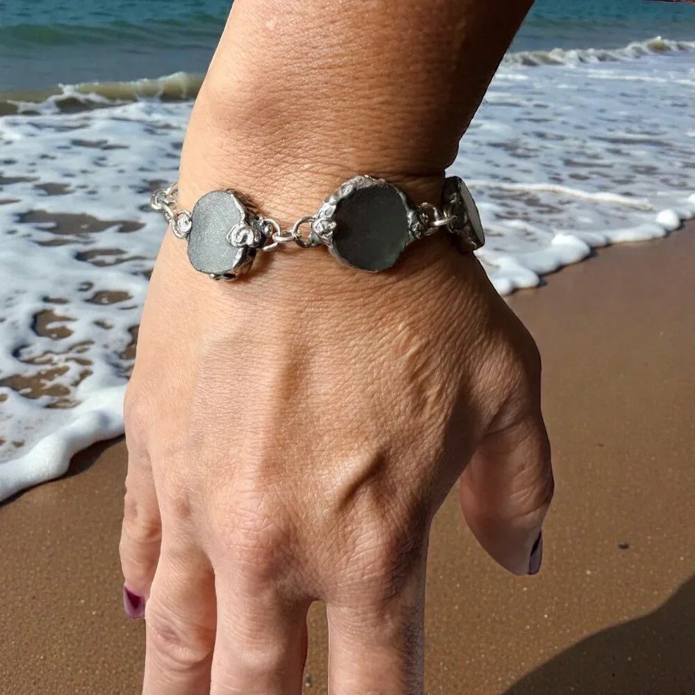 Handcrafted Sea Glass & Silver Blend Hammered Bracelet With Unique Findings